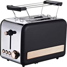   Retro kenyérpirító (850W, fekete-arany) – 2 szeletes, XXL nyílásokkal, zsemlemelegítő ráccsal és morzsatálcával